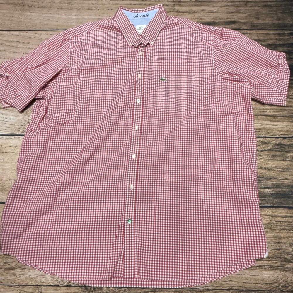 Lacoste Button Down Shirt Mens 2XL Red Gingham Short Sleeve F5182 Casual Preppy